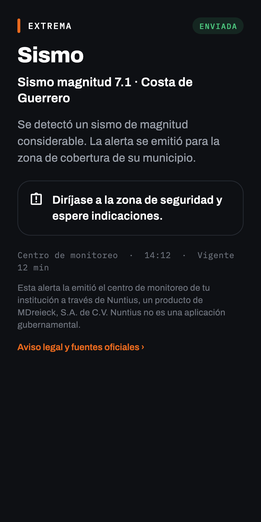 Detalle de una alerta con titular, descripción, instrucción y emisor